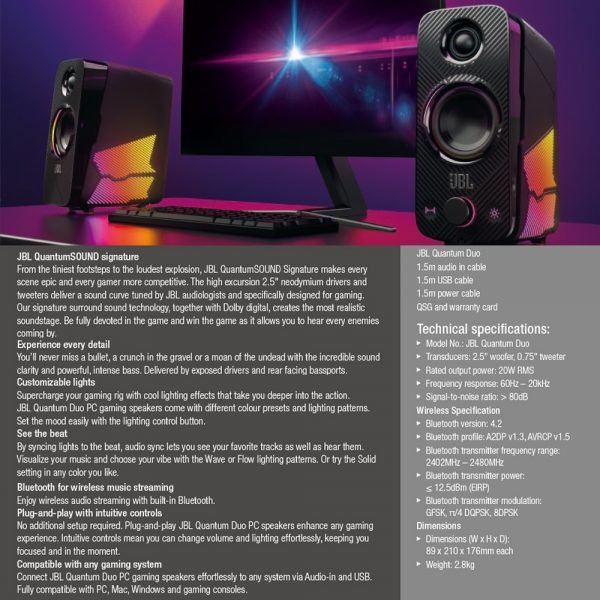 JBL QUANTUM DUO PC Gaming Bluetooth Speakers Noise Cancellation Surround Sound with Colorful Light for PC/Mac/Nintendo Switch - Image 6